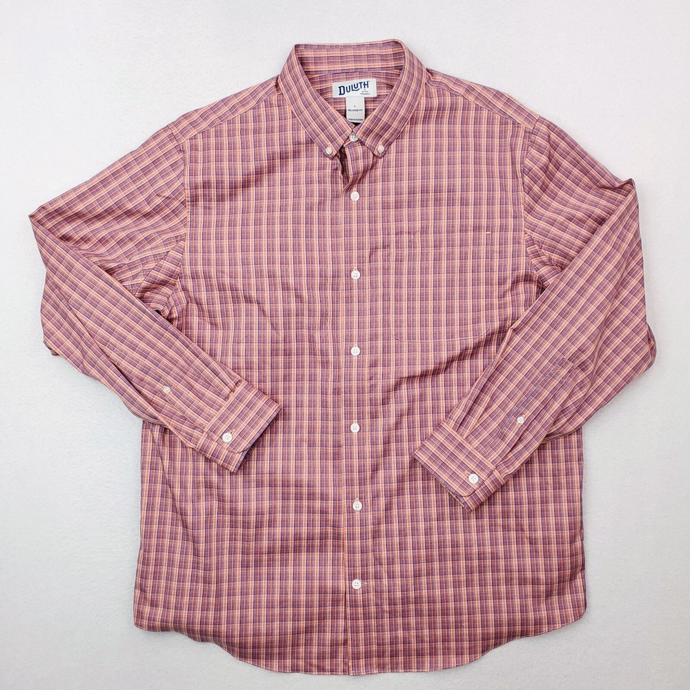 Duluth Trading Shirt Mens Large Pink Peach Blue Plaid Button Down Relaxed Fit
